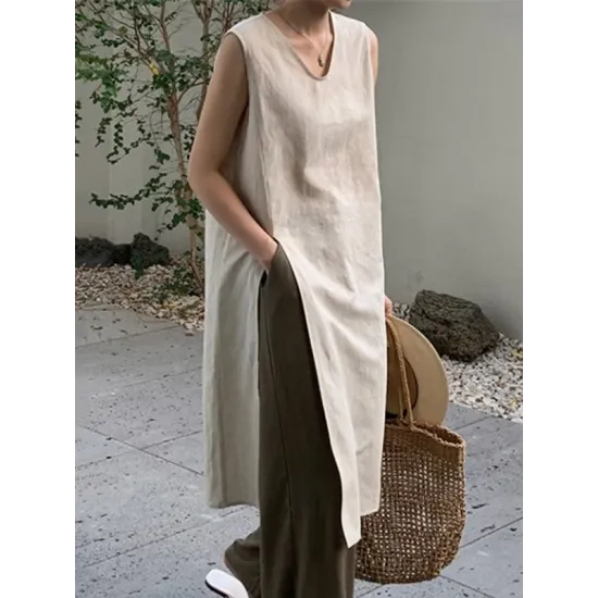 Solid Color Split-side Loose Sleeveless V-neck Vest Top Solid Color Split-side Loose Sleeveless V-neck Vest Top