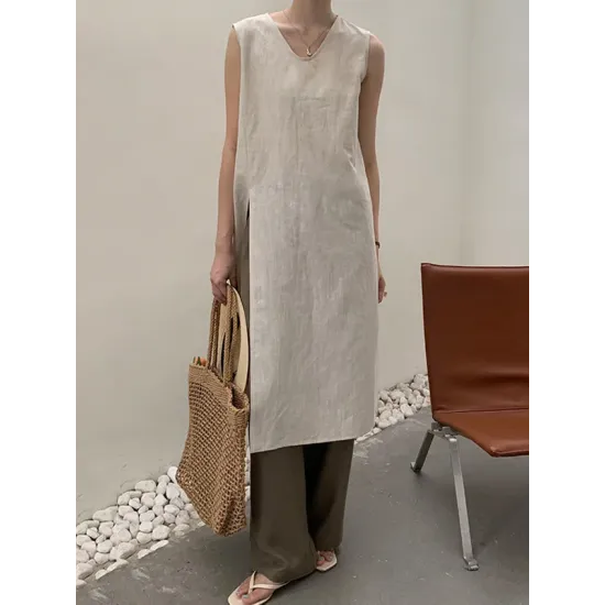 Solid Color Split-side Loose Sleeveless V-neck Vest Top Solid Color Split-side Loose Sleeveless V-neck Vest Top