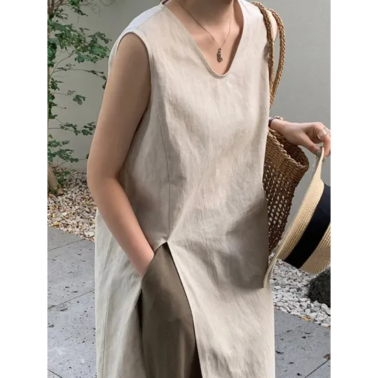 Solid Color Split-side Loose Sleeveless V-neck Vest Top Solid Color Split-side Loose Sleeveless V-neck Vest Top