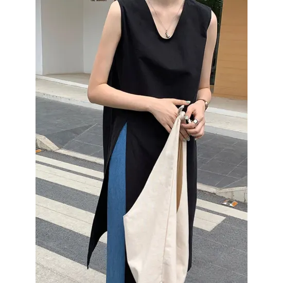Solid Color Split-side Loose Sleeveless V-neck Vest Top Solid Color Split-side Loose Sleeveless V-neck Vest Top
