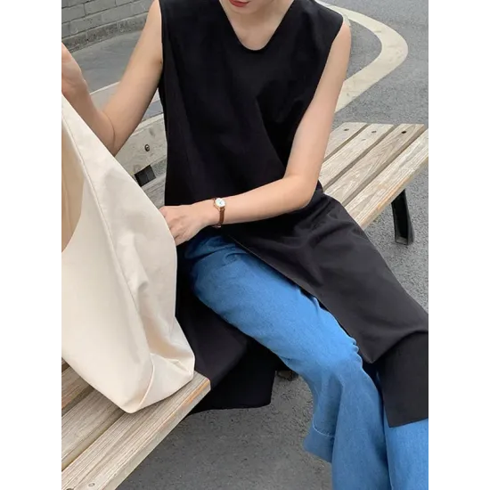 Solid Color Split-side Loose Sleeveless V-neck Vest Top Solid Color Split-side Loose Sleeveless V-neck Vest Top