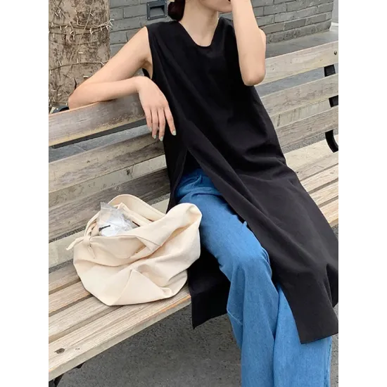 Solid Color Split-side Loose Sleeveless V-neck Vest Top Solid Color Split-side Loose Sleeveless V-neck Vest Top