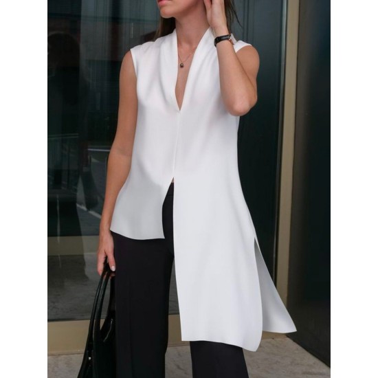 Irregular Clipping Loose Solid Color Split-Front Split-Side Deep V-Neck Vest Top Irregular Clipping Loose Solid Color Split-Front Split-Side Deep V-Neck Vest Top