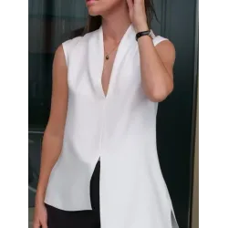 Irregular Clipping Loose Solid Color Split-Front Split-Side Deep V-Neck Vest Top