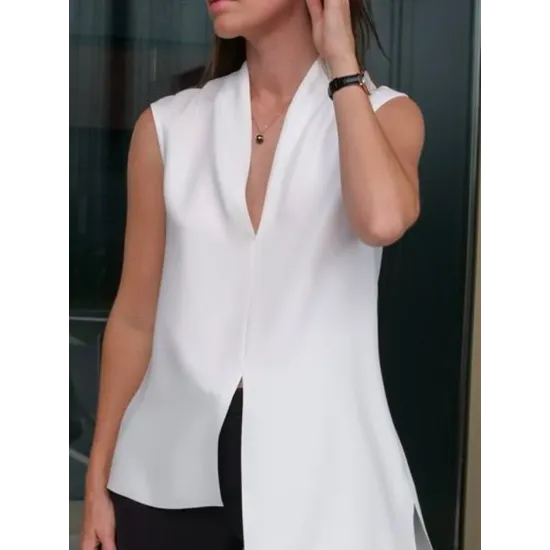 Irregular Clipping Loose Solid Color Split-Front Split-Side Deep V-Neck Vest Top Irregular Clipping Loose Solid Color Split-Front Split-Side Deep V-Neck Vest Top
