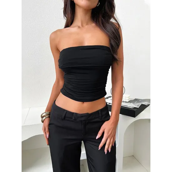 Pleated Solid Color Skinny Sleeveless Tube Vest Top Pleated Solid Color Skinny Sleeveless Tube Vest Top