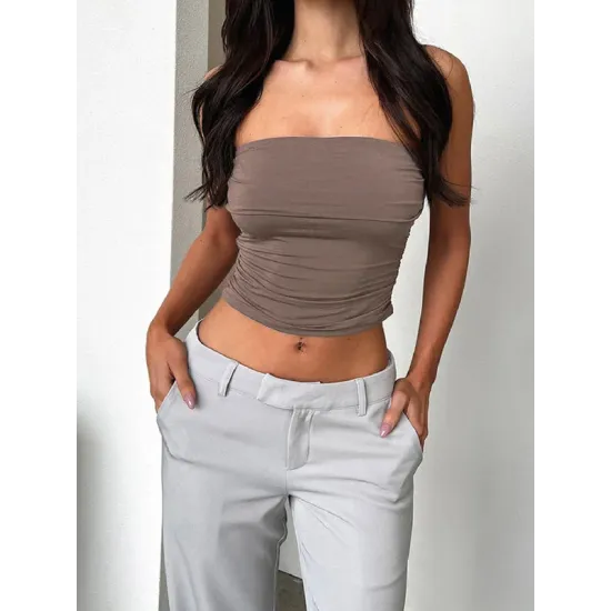 Pleated Solid Color Skinny Sleeveless Tube Vest Top Pleated Solid Color Skinny Sleeveless Tube Vest Top