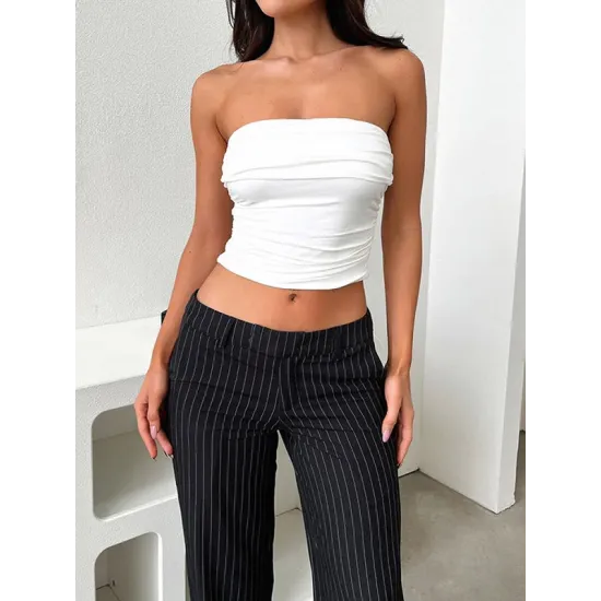 Pleated Solid Color Skinny Sleeveless Tube Vest Top Pleated Solid Color Skinny Sleeveless Tube Vest Top