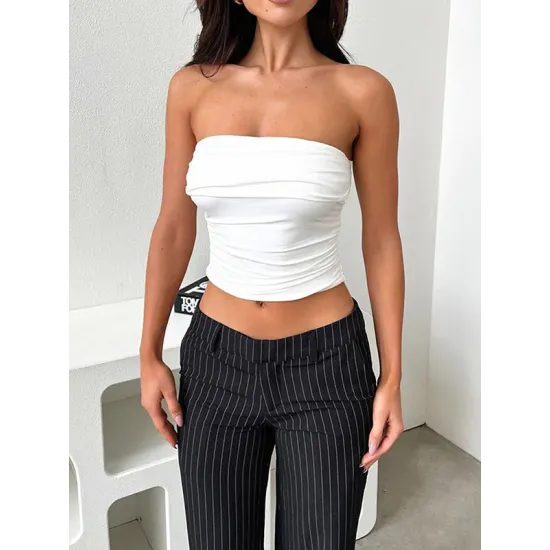Pleated Solid Color Skinny Sleeveless Tube Vest Top Pleated Solid Color Skinny Sleeveless Tube Vest Top