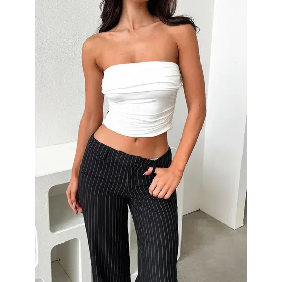 Pleated Solid Color Skinny Sleeveless Tube Vest Top Pleated Solid Color Skinny Sleeveless Tube Vest Top