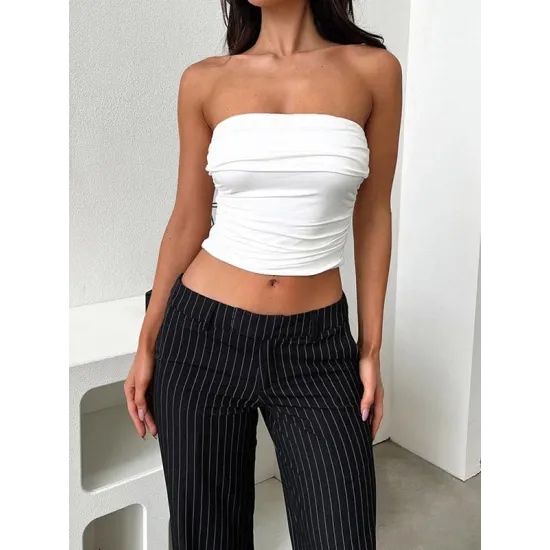 Pleated Solid Color Skinny Sleeveless Tube Vest Top Pleated Solid Color Skinny Sleeveless Tube Vest Top