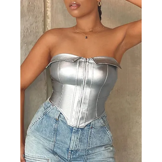 Solid Color Split-Joint Zipper Skinny Sleeveless Tube Vest Top