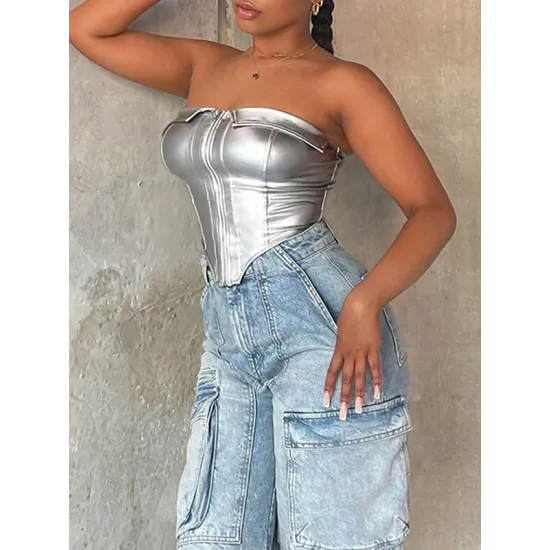 Solid Color Split-Joint Zipper Skinny Sleeveless Tube Vest Top