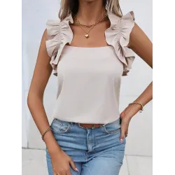 Falbala Solid Color Loose Sleeveless Square-Neck Vest Top
