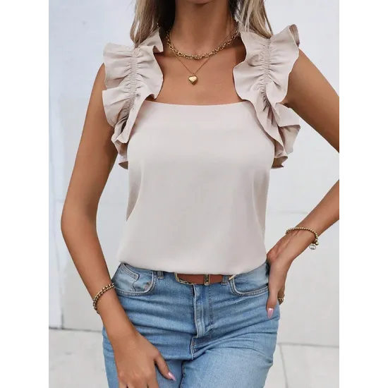 Falbala Solid Color Loose Sleeveless Square-Neck Vest Top Falbala Solid Color Loose Sleeveless Square-Neck Vest Top