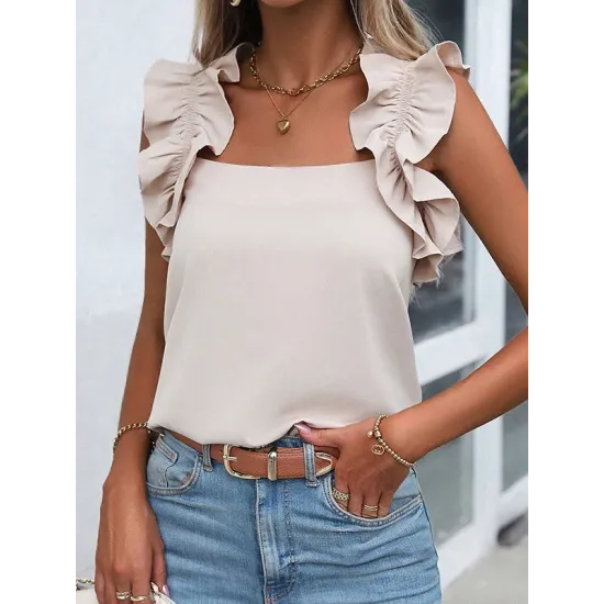 Falbala Solid Color Loose Sleeveless Square-Neck Vest Top Falbala Solid Color Loose Sleeveless Square-Neck Vest Top
