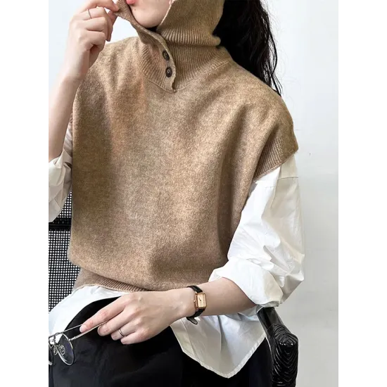 Buttoned Loose Sleeveless High Neck Vest Top Sweater Buttoned Loose Sleeveless High Neck Vest Top Sweater
