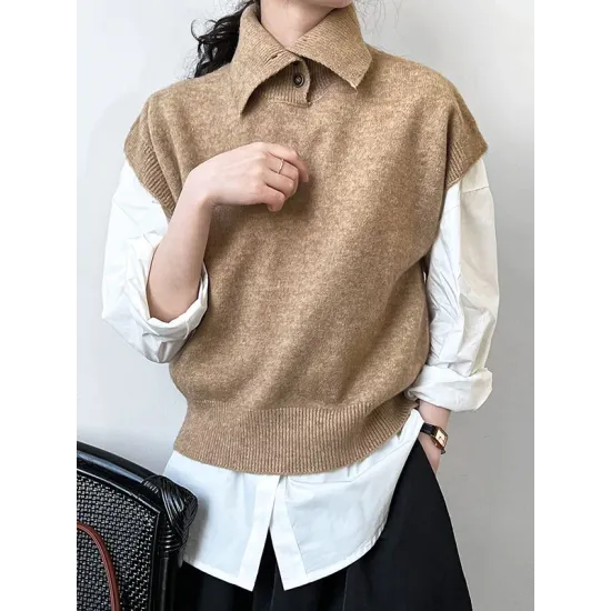 Buttoned Loose Sleeveless High Neck Vest Top Sweater Buttoned Loose Sleeveless High Neck Vest Top Sweater