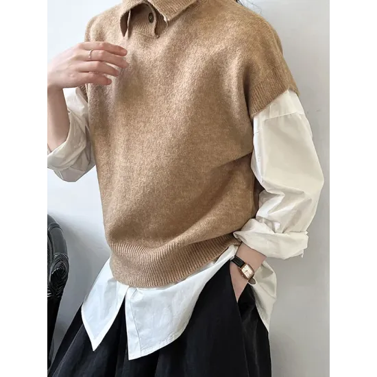 Buttoned Loose Sleeveless High Neck Vest Top Sweater Buttoned Loose Sleeveless High Neck Vest Top Sweater