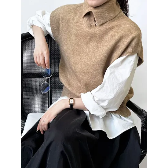 Buttoned Loose Sleeveless High Neck Vest Top Sweater Buttoned Loose Sleeveless High Neck Vest Top Sweater