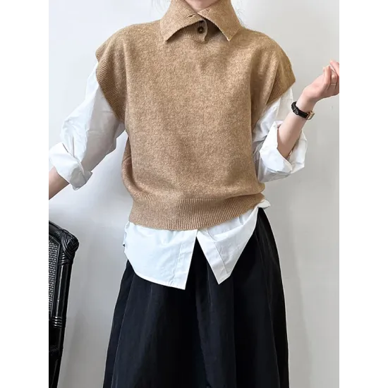 Buttoned Loose Sleeveless High Neck Vest Top Sweater Buttoned Loose Sleeveless High Neck Vest Top Sweater