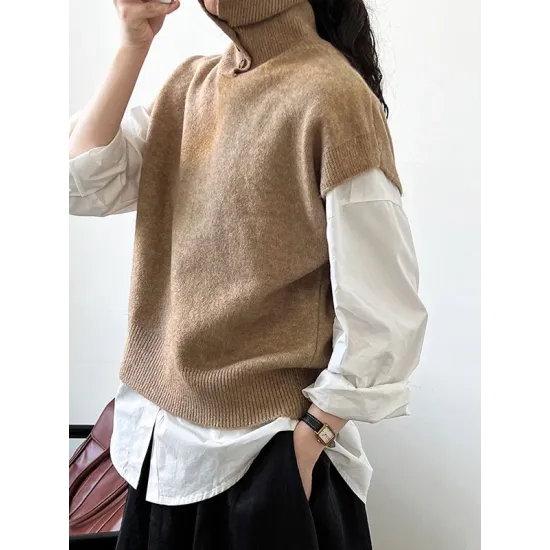 Buttoned Loose Sleeveless High Neck Vest Top Sweater Buttoned Loose Sleeveless High Neck Vest Top Sweater
