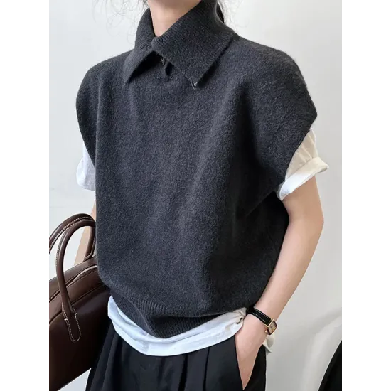 Buttoned Loose Sleeveless High Neck Vest Top Sweater Buttoned Loose Sleeveless High Neck Vest Top Sweater