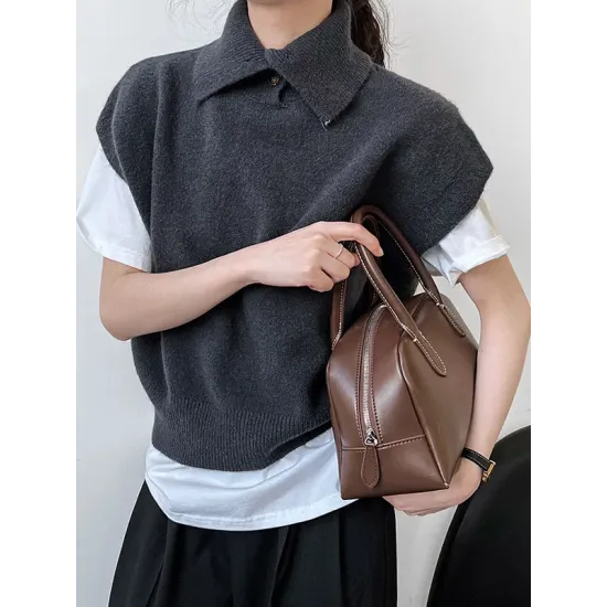 Buttoned Loose Sleeveless High Neck Vest Top Sweater Buttoned Loose Sleeveless High Neck Vest Top Sweater