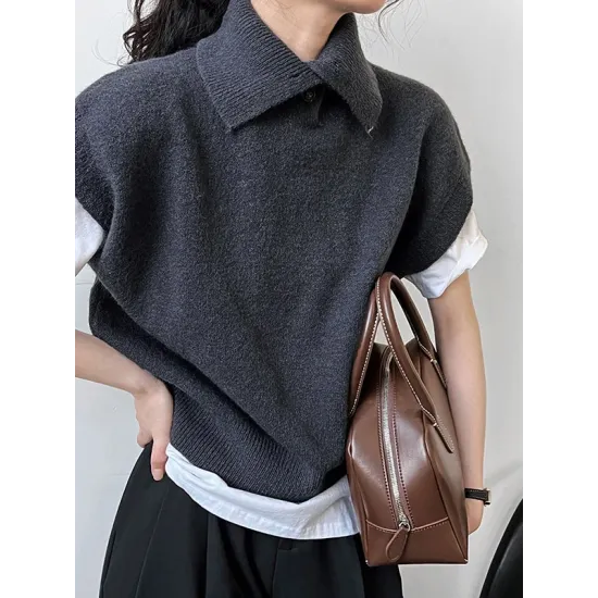Buttoned Loose Sleeveless High Neck Vest Top Sweater Buttoned Loose Sleeveless High Neck Vest Top Sweater