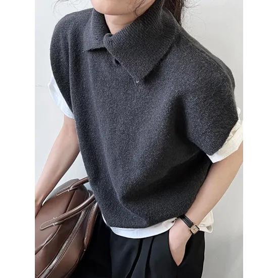 Buttoned Loose Sleeveless High Neck Vest Top Sweater Buttoned Loose Sleeveless High Neck Vest Top Sweater