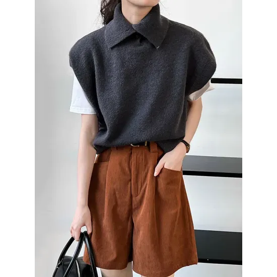 Buttoned Loose Sleeveless High Neck Vest Top Sweater Buttoned Loose Sleeveless High Neck Vest Top Sweater
