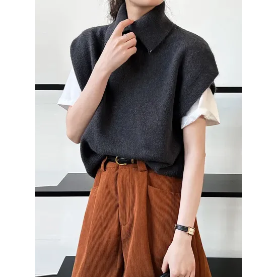 Buttoned Loose Sleeveless High Neck Vest Top Sweater Buttoned Loose Sleeveless High Neck Vest Top Sweater