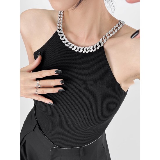 Chains Rhine Stones Split-Joint Skinny Sleeveless Halter-Neck Vest Top Chains Rhine Stones Split-Joint Skinny Sleeveless Halter-Neck Vest Top
