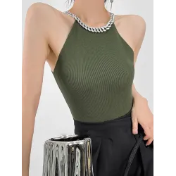 Chains Rhine Stones Split-Joint Skinny Sleeveless Halter-Neck Vest Top