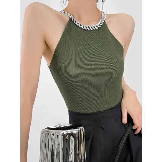 Chains Rhine Stones Split-Joint Skinny Sleeveless Halter-Neck Vest Top Chains Rhine Stones Split-Joint Skinny Sleeveless Halter-Neck Vest Top