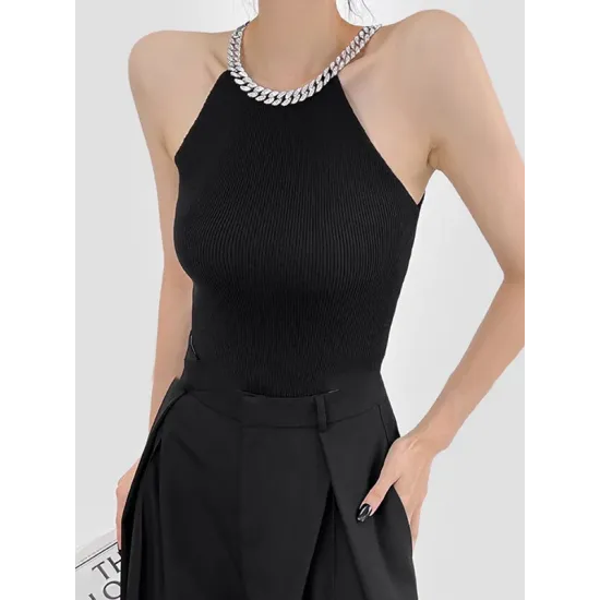 Chains Rhine Stones Split-Joint Skinny Sleeveless Halter-Neck Vest Top Chains Rhine Stones Split-Joint Skinny Sleeveless Halter-Neck Vest Top