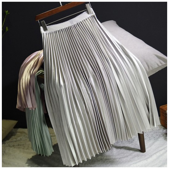 Metal Color Pleated Skirt Elastic High Waist Midi Chic Skirts