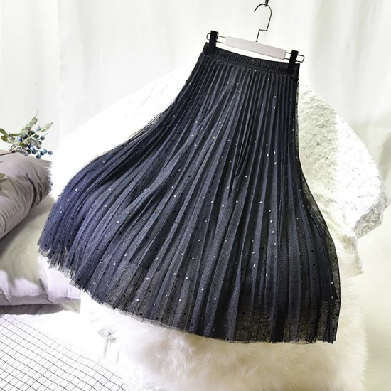 Women's Elegant Dot Print Midi Tulle Skirt High Waist