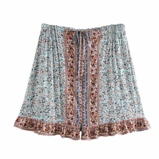 Floral Printed Bohemian Rayon Cotton Elastic Waist Mini Boho Skirts