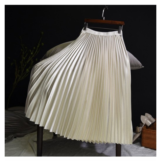 Metal Color Pleated Skirt Elastic High Waist Midi Chic Skirts