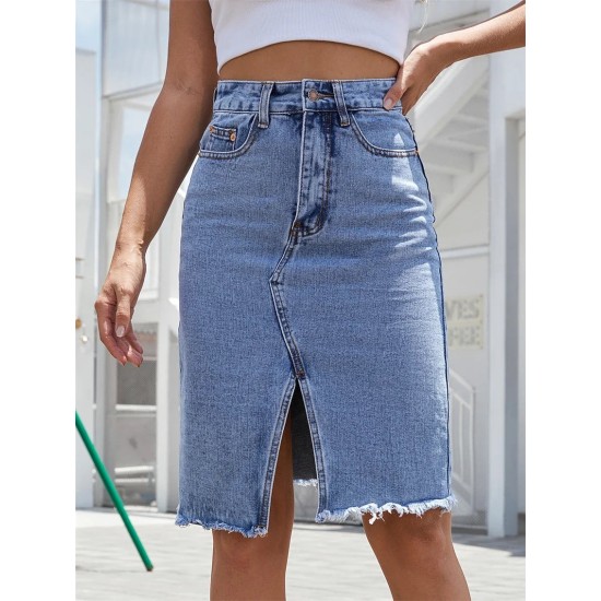 Front Slit Blue Denim Skirt Pockets High Waist Midi Skirts