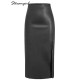 Long Black Leather Skirt With Slit Slim High Waist Office PU Skirts