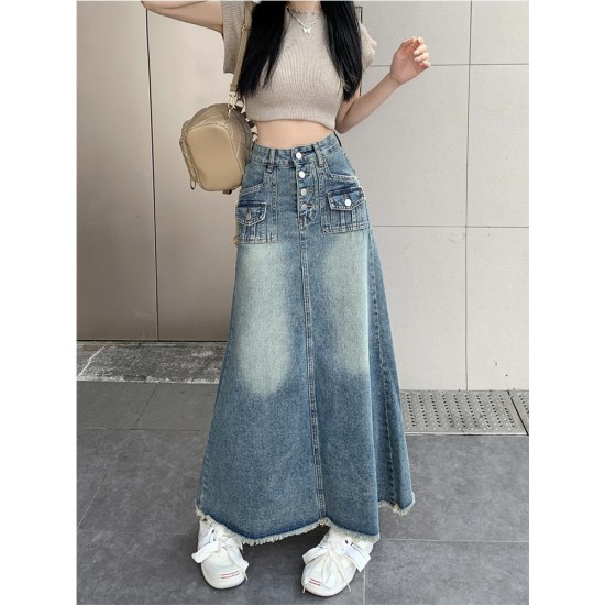 Denim Button Pockets Ankle Length A Line Tassel Long Skirt
