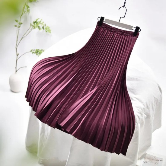 Vintage Pleated Midi Solid Skirt Fashion High Waist
