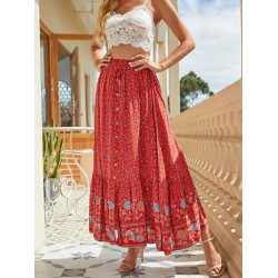 Vintage Floral Print Summer High Waist Breasted Split Skirt Rayon