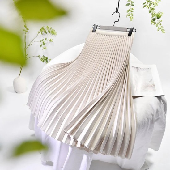 Basic Pleated Midi Long Skirt For Women Fashion Office