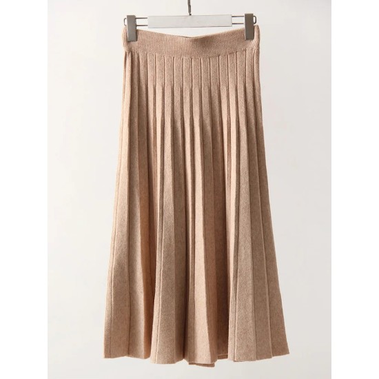Women Pleated Knit Skirt Long Winter Elastic Waist White Maxi Skirts