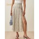 A-line Floral Print Long High Waist Pleated Slit Skirts
