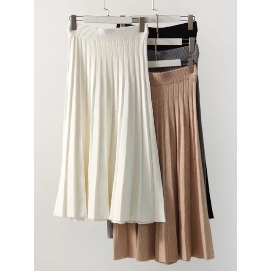 Women Pleated Knit Skirt Long Winter Elastic Waist White Maxi Skirts