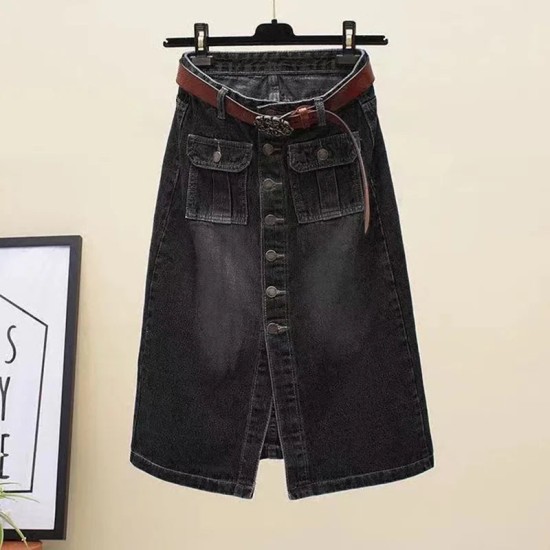 High Waist Denim Skirt Vintage One Split Wrap Hip A-line